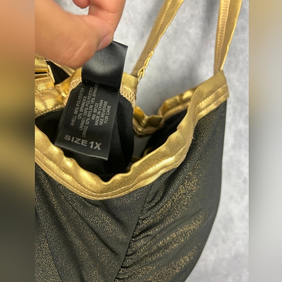 Baby Phat Black & Gold Metallic Sparkle Logo Print One Piece Swimsuit - Size 1X - Picture 11 of 12
